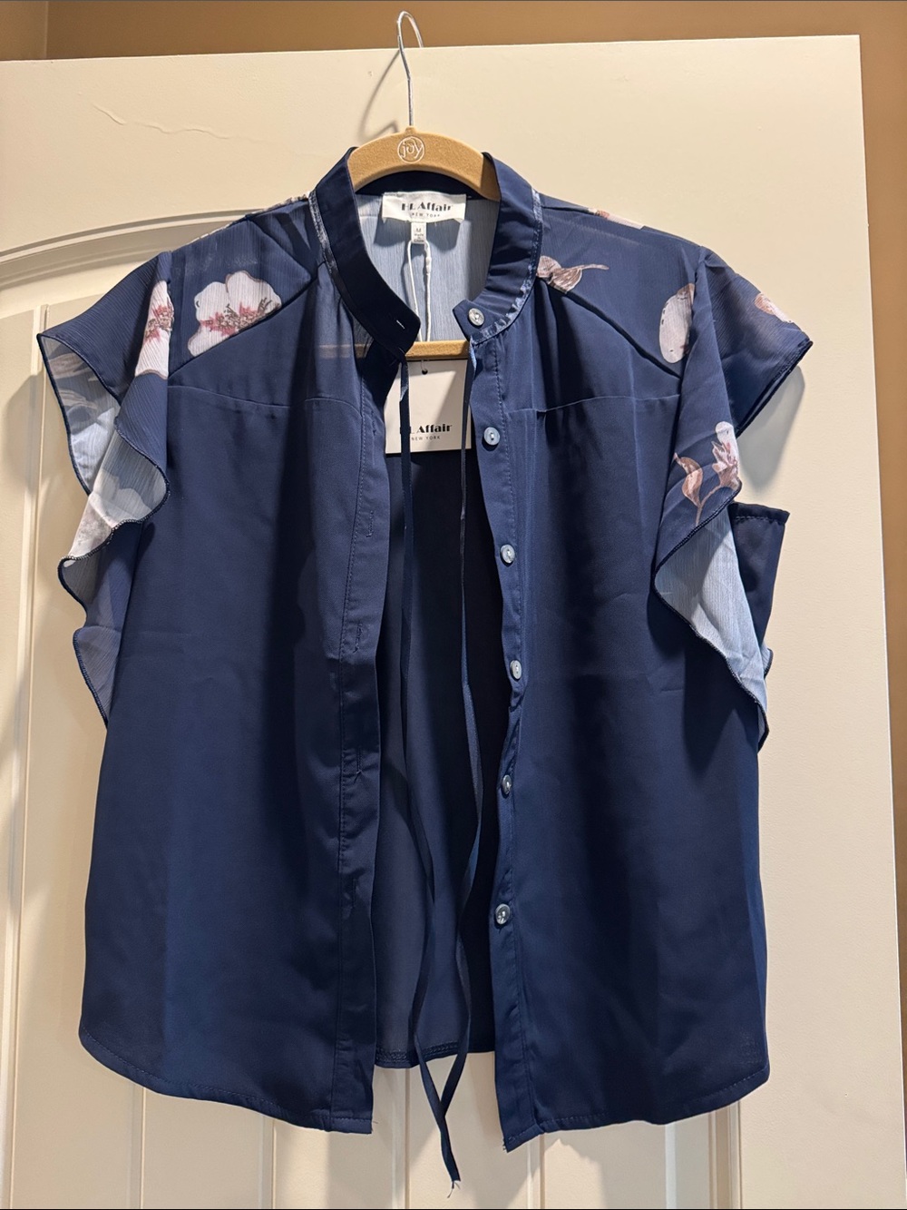HL Affair Navy Floral Flutter Sleeve Tie-Neck Blouse